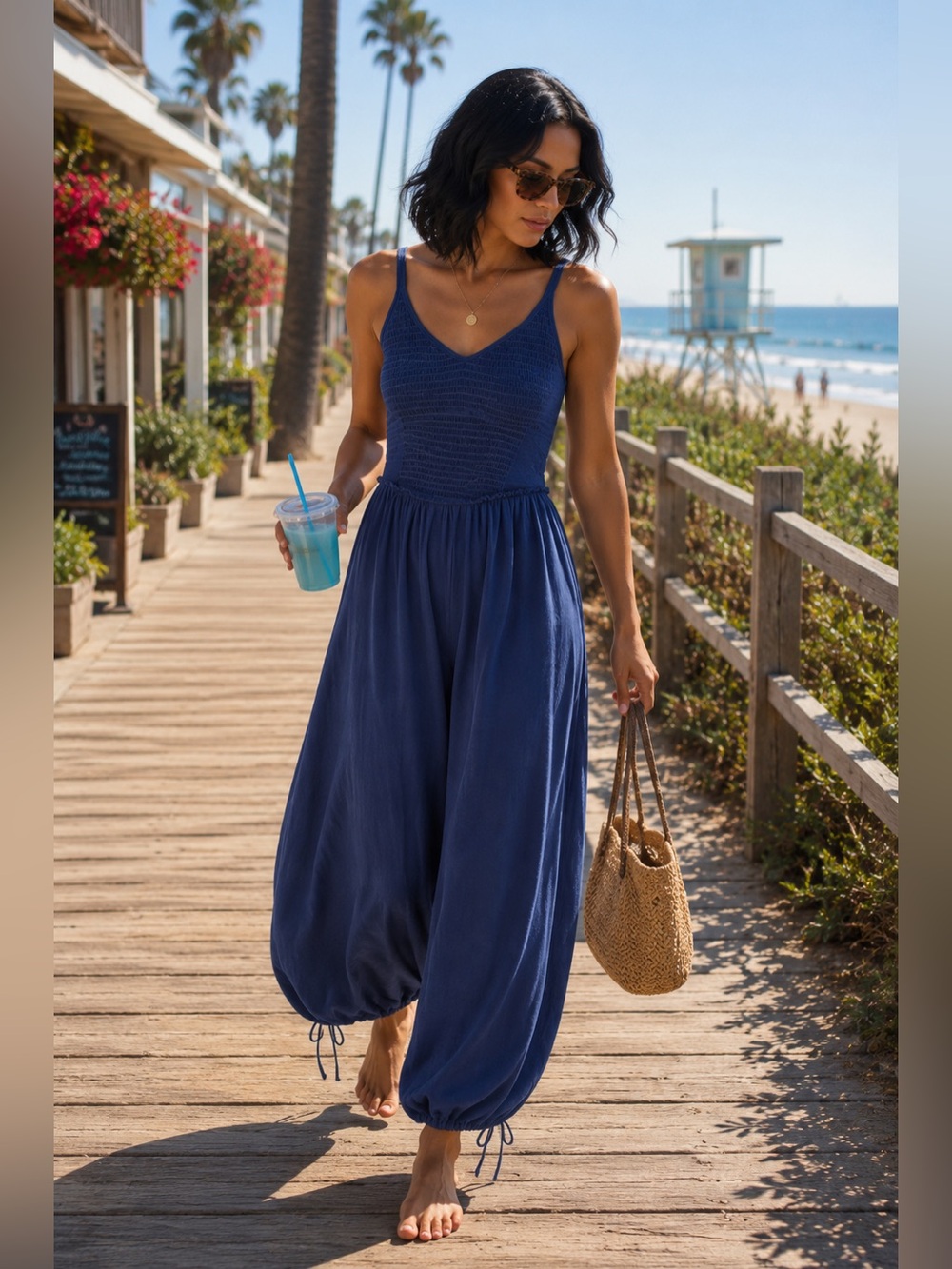 Free People Movement Smockin' Hot Wide Leg Onesie Sz- XS in Blue Indigo